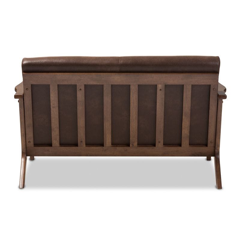 Walnut Wood Dark Brown Faux Leather Tufted Loveseat with Track Arms