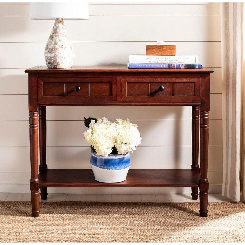 Transitional Dark Cherry Wood & Metal Console Table with Storage
