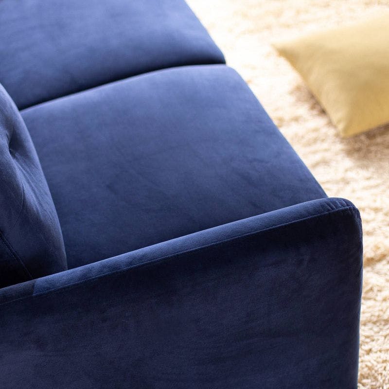 Elegant Navy Velvet Tufted Sofa with Flared Wooden Arms