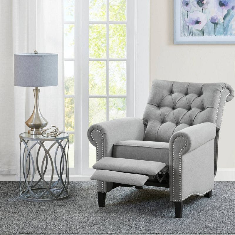 Elegant Gray Microfiber Recliner with Tufted Back and Bronze Nailhead Trim