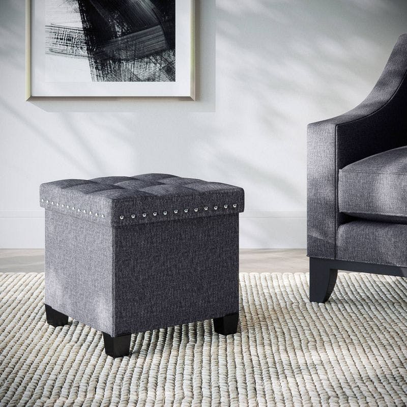 Payton Gray Fabric Tufted Cube Storage Ottoman with Nailhead Accents