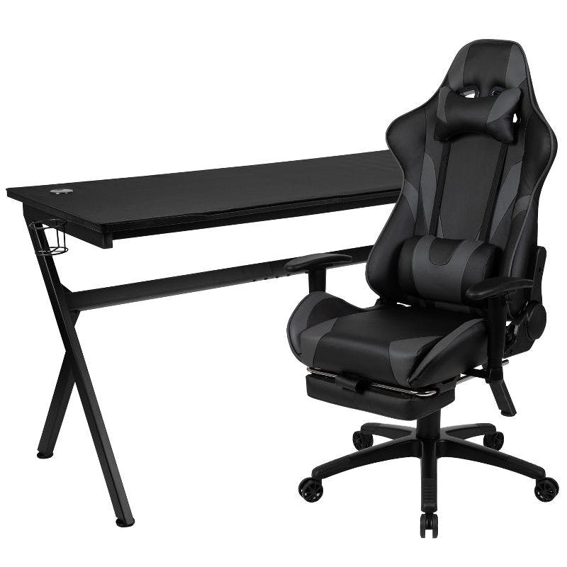 Modern Gray Gaming Desk and Chair Set with Footrest and Cable Management
