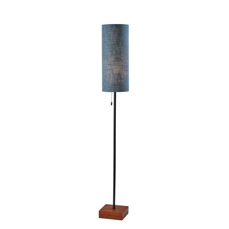 Walnut and Textured Blue Modern Floor Lamp with Fabric Shade