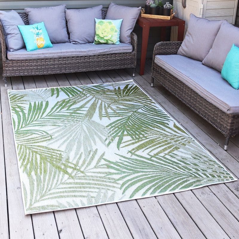 Verdant Tropical Illusions Light Green Leaf Pattern 5' x 7' Outdoor Rug