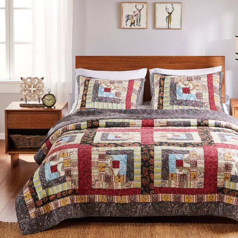 Rustic Charm King-Size Cotton Quilt Set with Reversible Patchwork Design