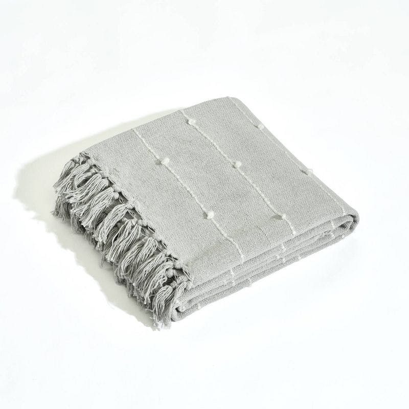 Boho Chic Light Gray Tufted Cotton Throw with Fringes - 50"x60"