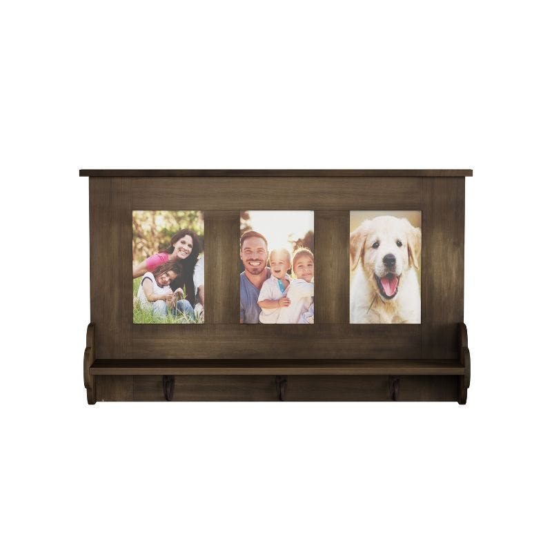 Classic Rustic Wood-Look Wall Shelf with Photo Collage & Hooks