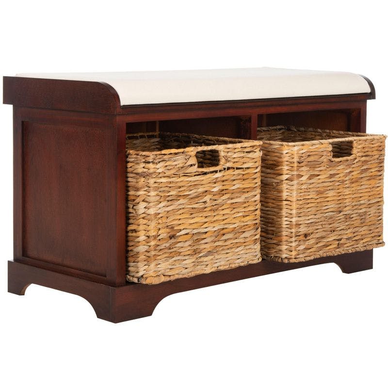 Cherry Pine Transitional Wicker Storage Bench with Linen Cushion