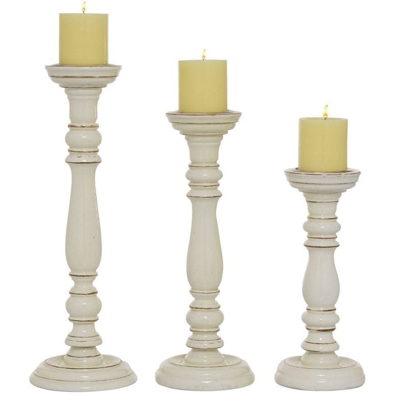 Elegant White Mango Wood Candlestick Trio - 17.9" Set