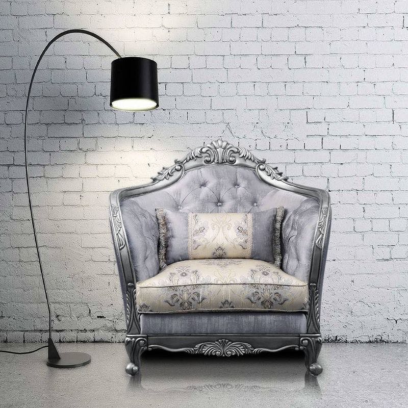 Ariadne Platinum Gray Floral Accent Chair with Carved Wood Detail
