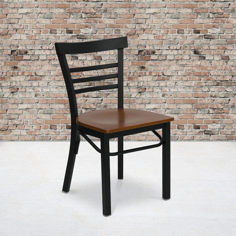 Ladderback Black Metal Side Chair with Cherry Wood Seat