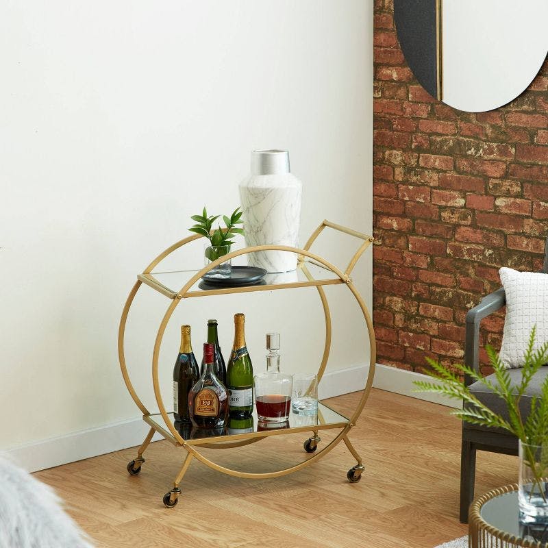 Elegant Gold Metal Bar Cart with Mirrored Shelves and Wheels