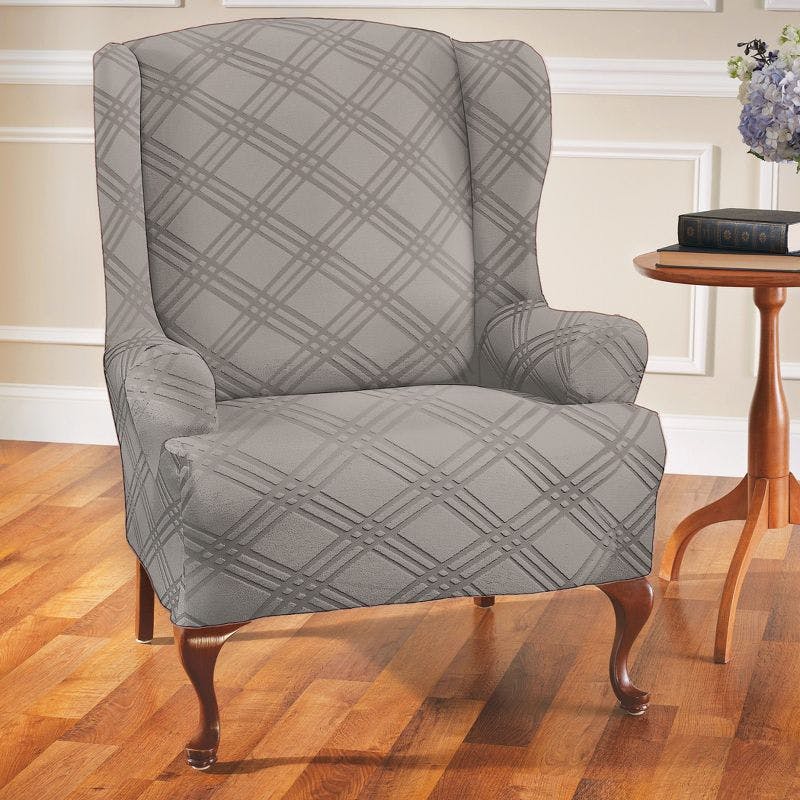 Stretch Sensations Double Diamond Gray Wing Chair Slipcover