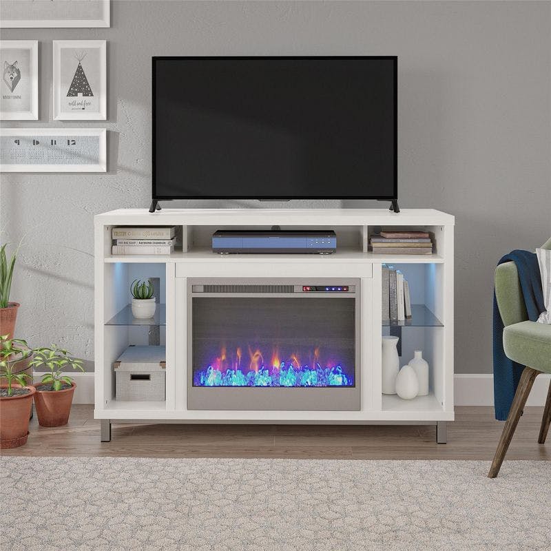 Modern White 55'' Fireplace TV Stand with Illuminated Shelves