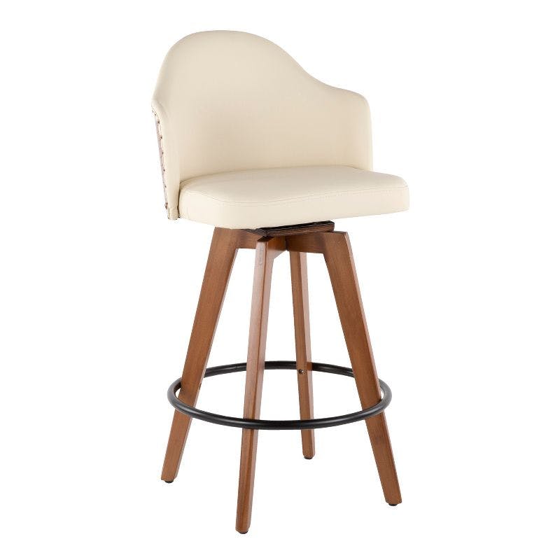 Cream Faux Leather and Walnut Wood 20" Modern Swivel Counter Stool