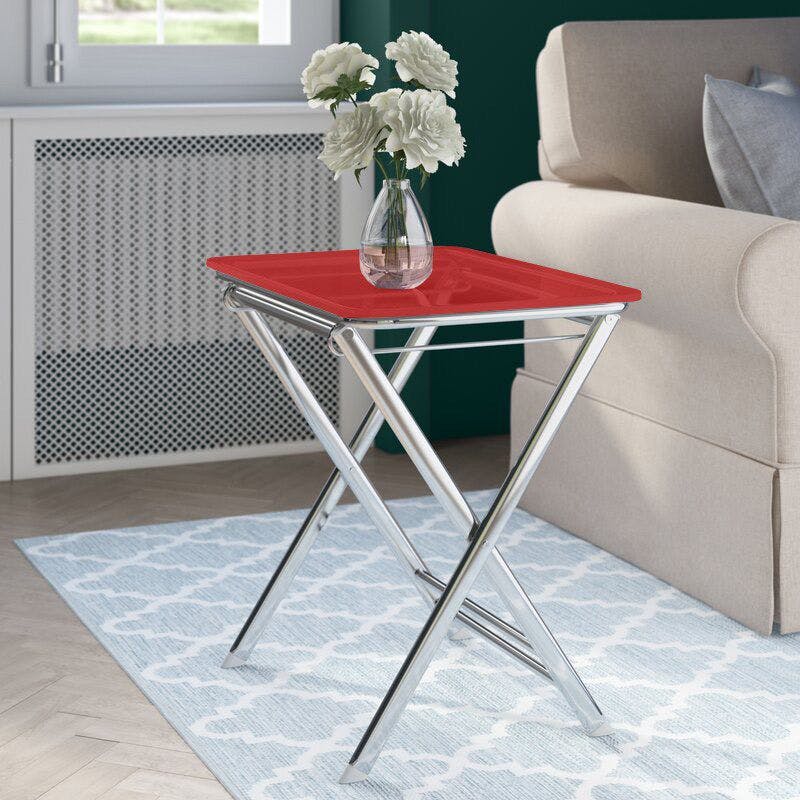 Victorian Acrylic Chrome 17" Folding Patio Side Table - Red