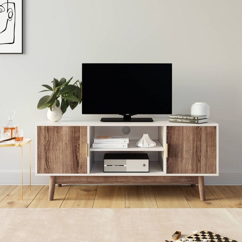Wesley Scandinavian 47'' White and Rustic Oak Media Console with Cabinet
