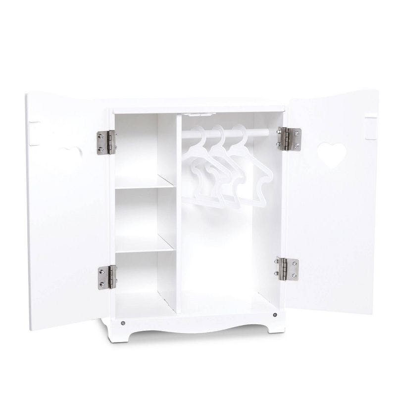 Modern White Wooden Doll Armoire with Shelves and Hangers