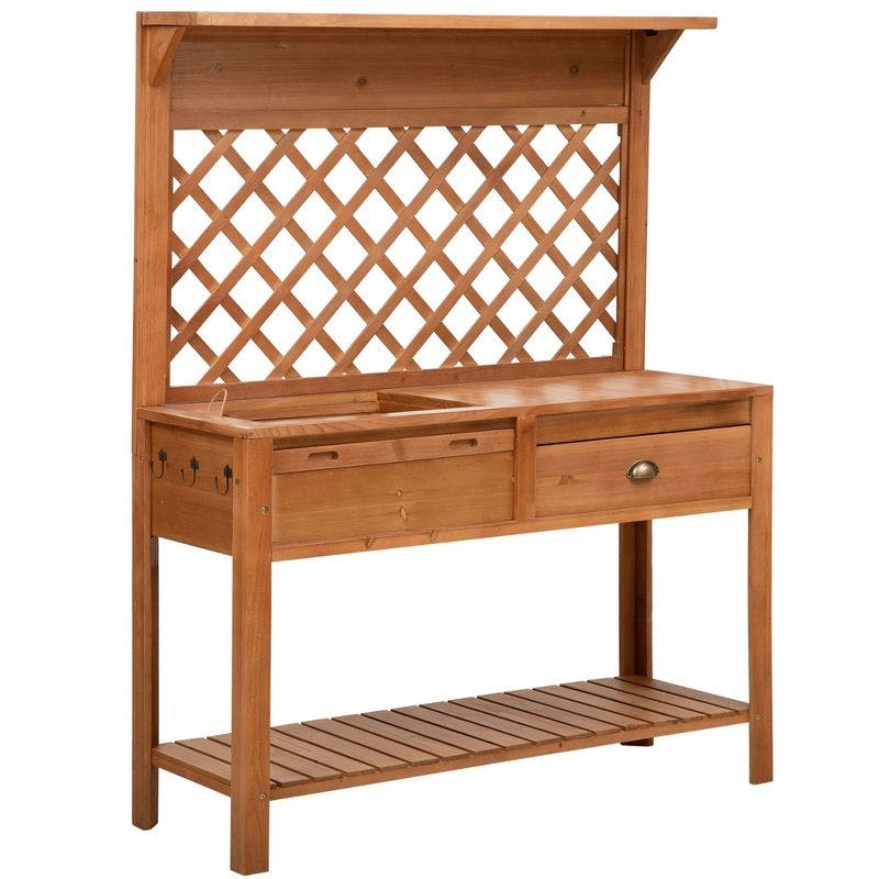 Natural Solid Wood Outdoor Potting Bench with Metal Screen and Storage