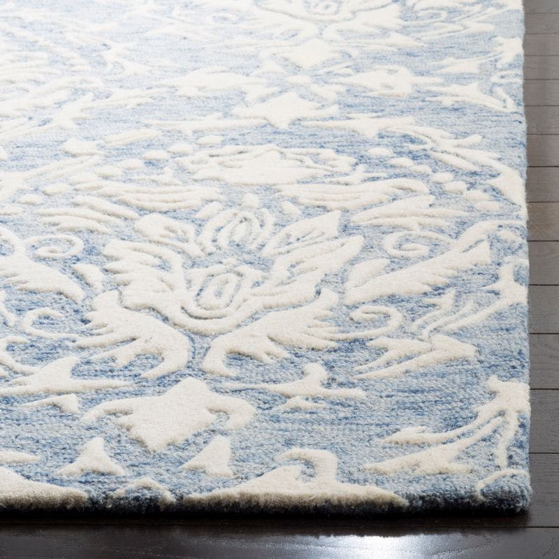 Handmade Blossom Blue/Ivory Wool 6' Square Floral Area Rug