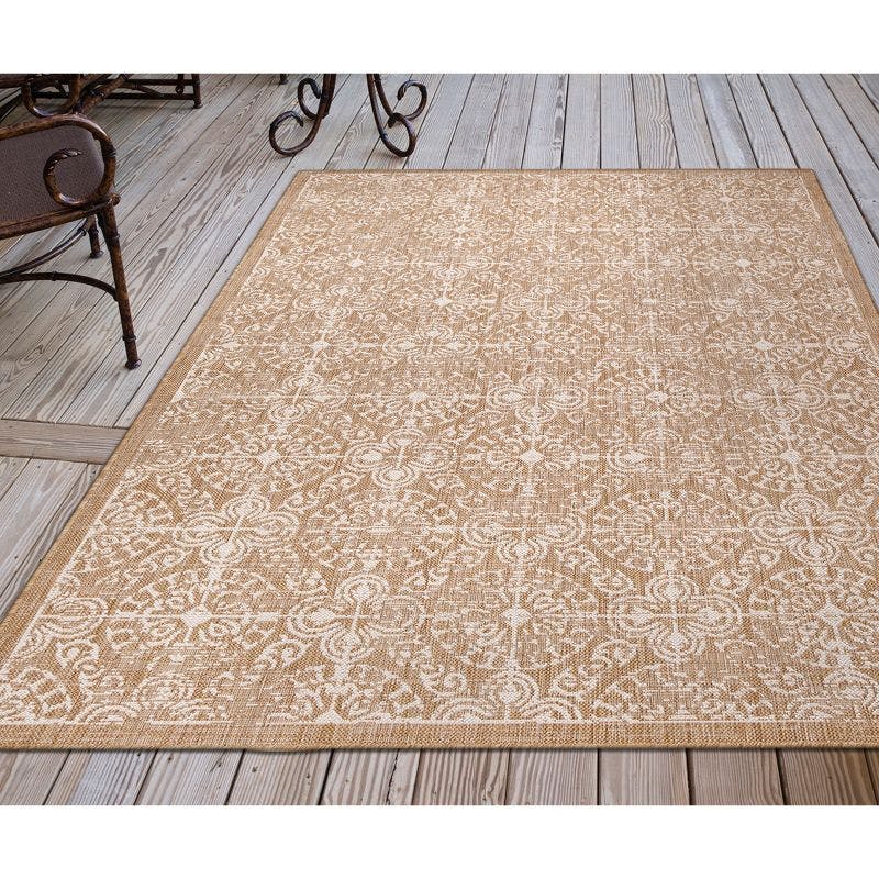 Antique Tile Sand Square Synthetic Area Rug - Stain-resistant and Flat Woven