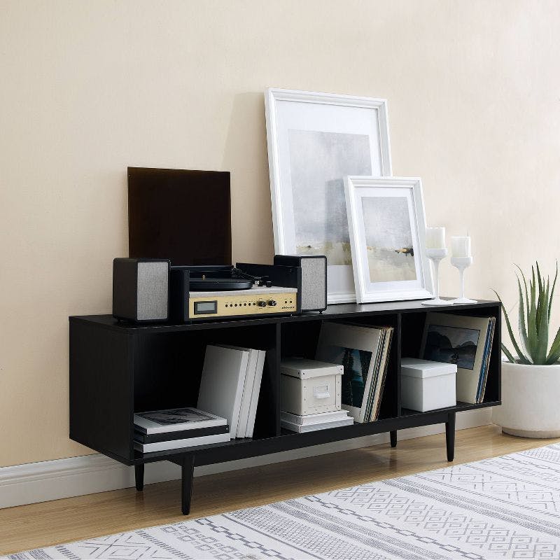Mid-Century Modern Large Black Wood Record Storage Console