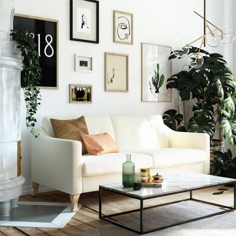 Elegant White Linen Sloped Arm Sofa with Tufted Backrest