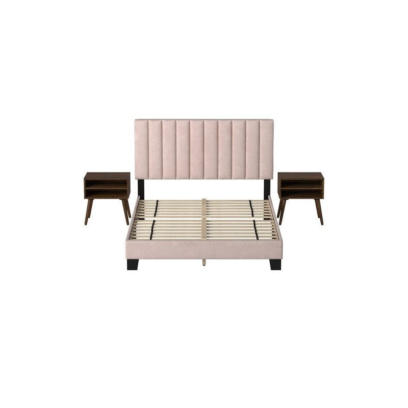 Blush Pink Contemporary Queen Upholstered Platform Bed with Nightstands