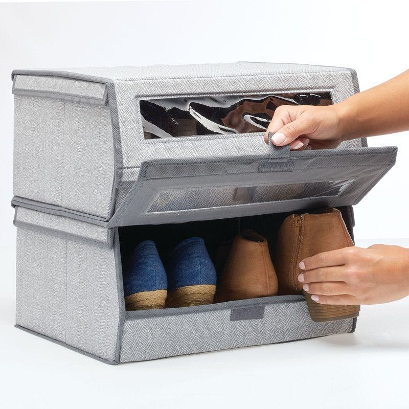 Gray Herringbone Stackable Fabric Shoe Storage Box 8-Pack