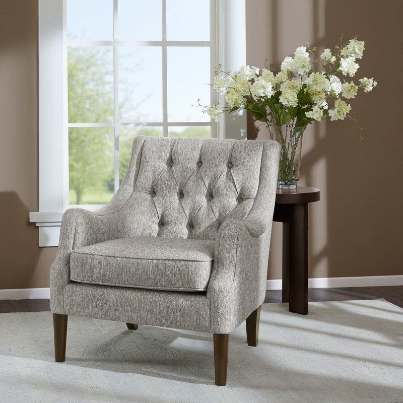 Elegant Gray Handcrafted Wood Accent Chair with Button Tufted Back