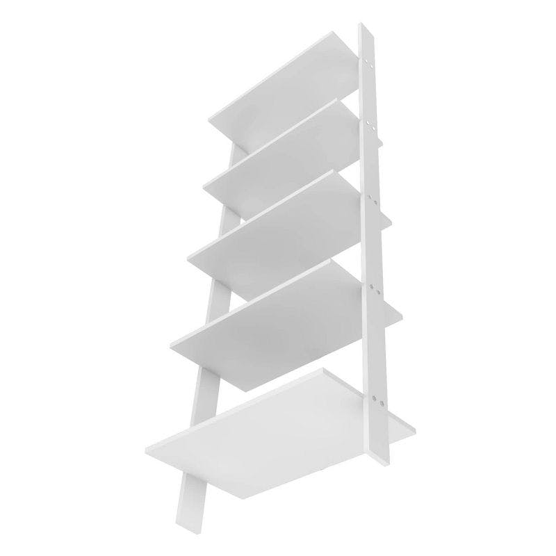 Modern White Wood 5-Shelf Floating Ladder Bookcase