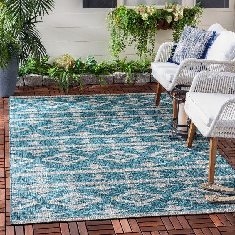 Square Easy-Care Teal & Grey Synthetic Outdoor Rug - 6'7"