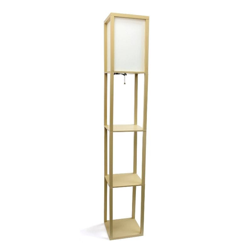 Tan Multifunctional Floor Lamp with Linen Shade and Storage Shelves