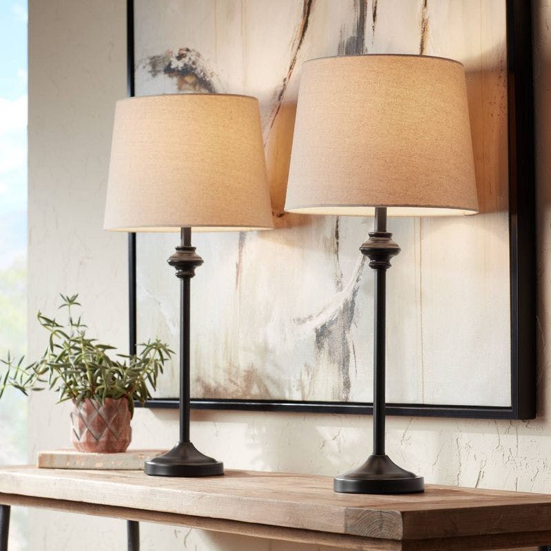 Set of 2 Beige Wood Finish Industrial Buffet Table Lamps