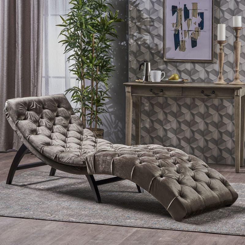 Elegant Gray Velvet Tufted Indoor Chaise Lounge