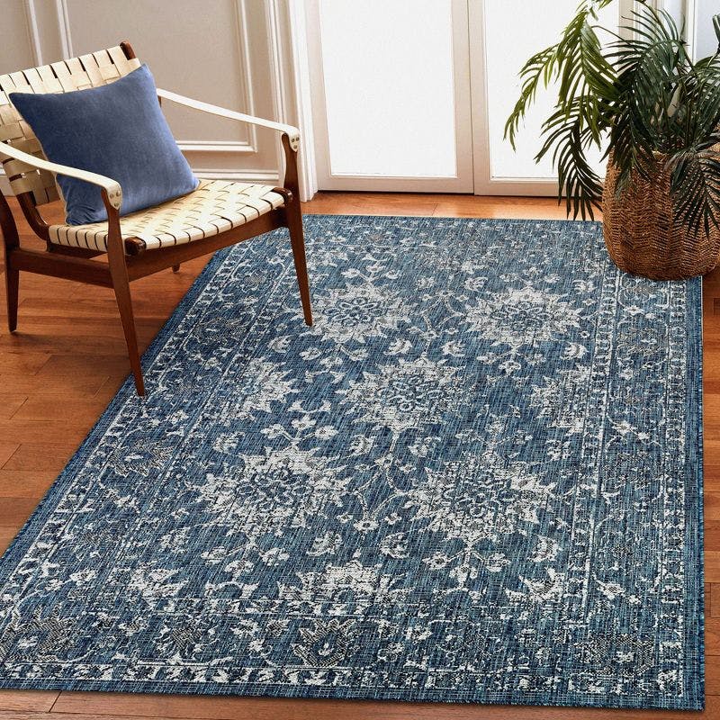 Navy Vintage Floral Square Flatwoven Synthetic Rug 7'10" x 9'10"