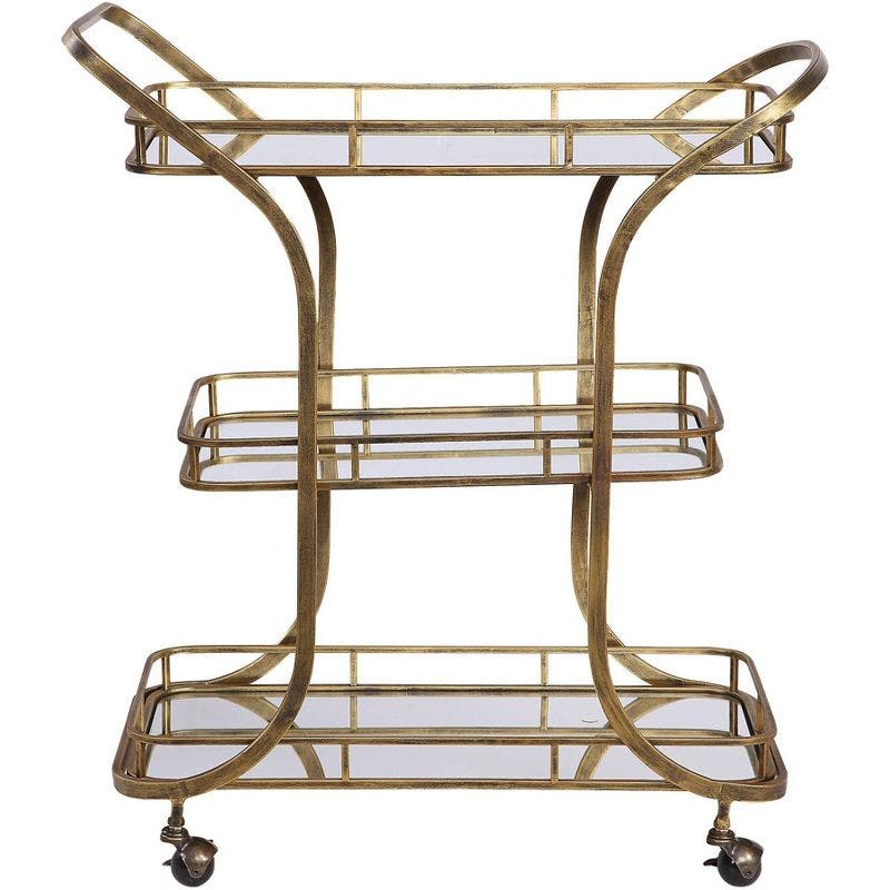 Transitional Stassi Gold Bar Cart with Mirrored Shelves