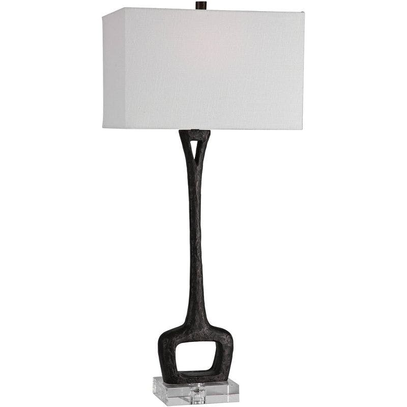Aged Black Cast Iron Table Lamp with White Linen Shade