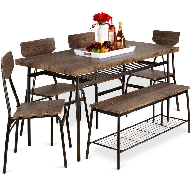 Modern 6-Piece Dining Set with Storage Racks, Bench, and Chairs - Brown