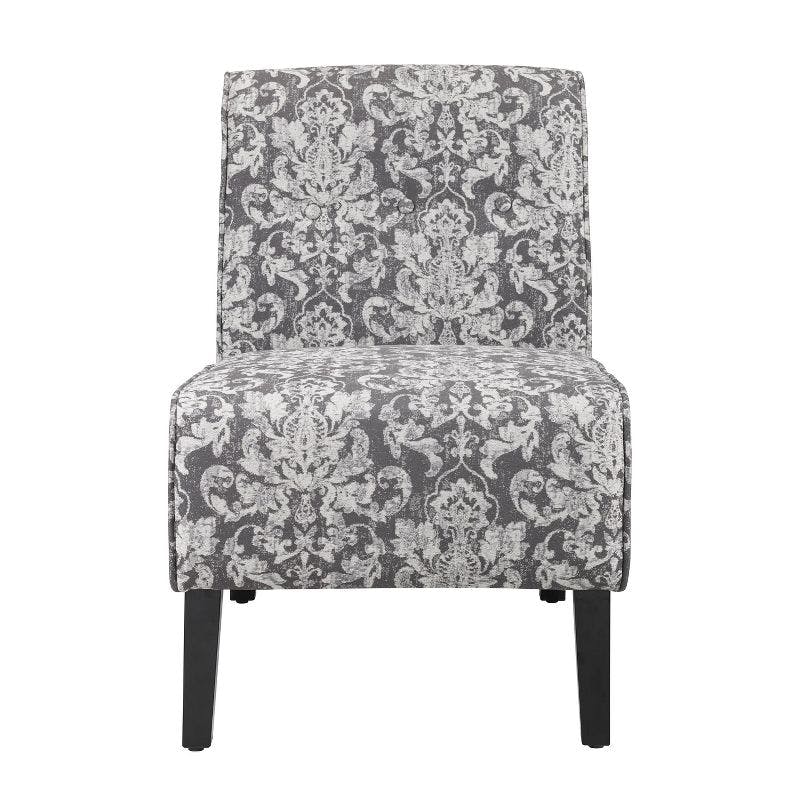 Elegant Gray Damask Slipper Chair with Sturdy Wood Frame
