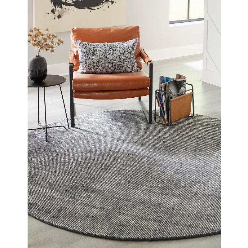 Earl Grey Wool Hand-Knotted Round Area Rug with Ivory Accents