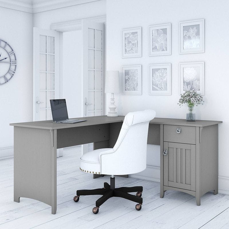 Cape Cod Gray L-Shaped Corner Computer Desk with Drawer and Filing Cabinet