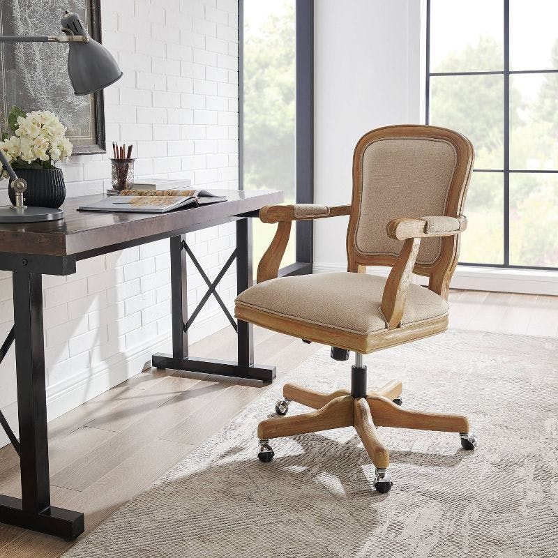 Akron Natural Brown Wood Upholstered Swivel Office Chair
