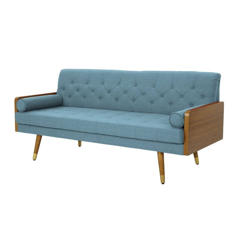 Demuir Plush Blue Fabric Tufted Sofa with Wood Storage