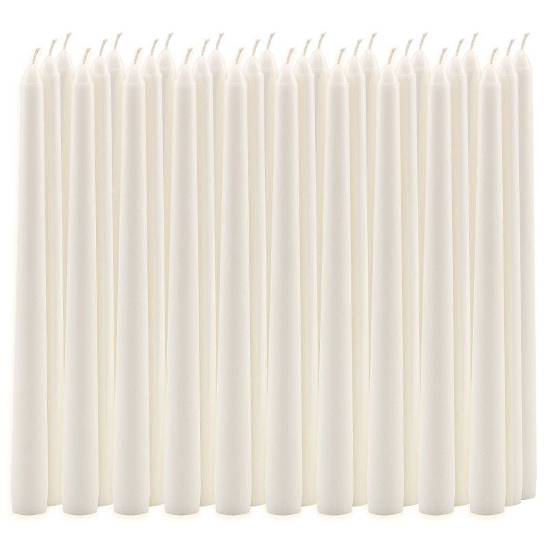 Elegant White Paraffin Wax 10" Dripless Taper Candles, 30-Pack