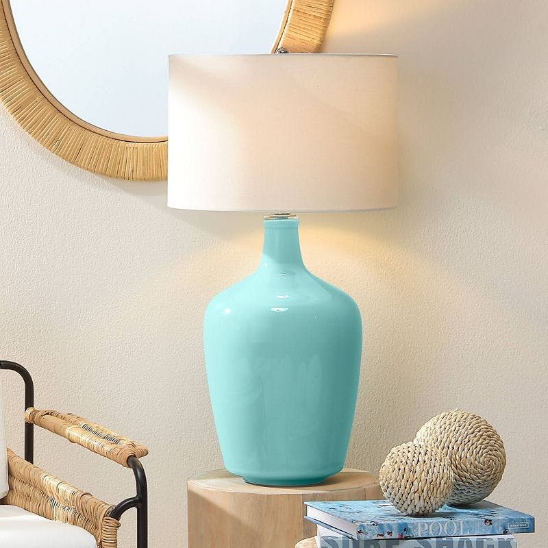 Calline Blue Blown Glass Jar Table Lamp with Drum Shade