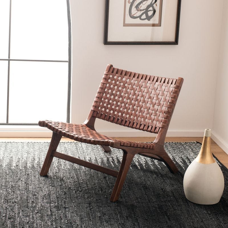 Denman Brown Genuine Leather Woven Side Chair