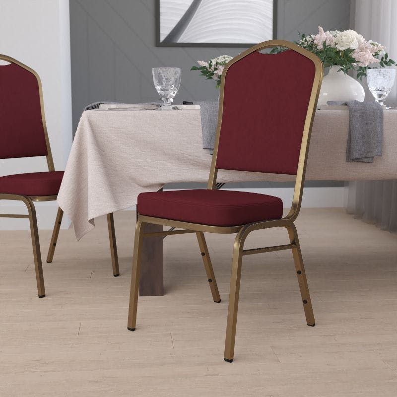Elegant Burgundy Fabric Banquet Chair with Gold Metal Frame