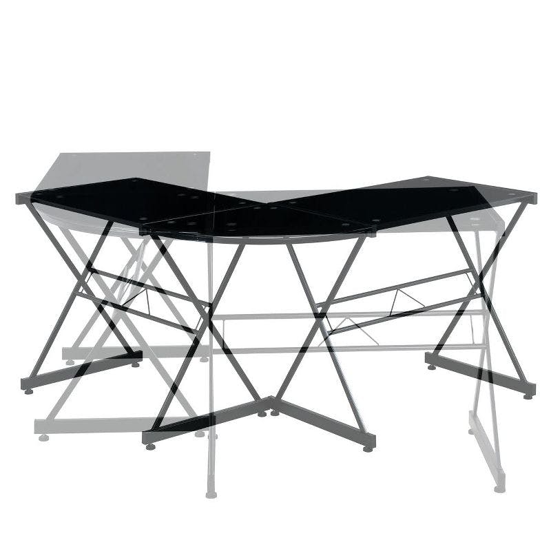 Sleek Black L-Shaped Gaming Desk with Tempered Glass Top and Steel Frame