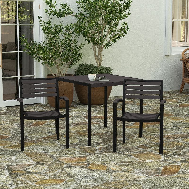 Modern Faux Teak and Aluminum Stackable Outdoor Chairs, Set of 2